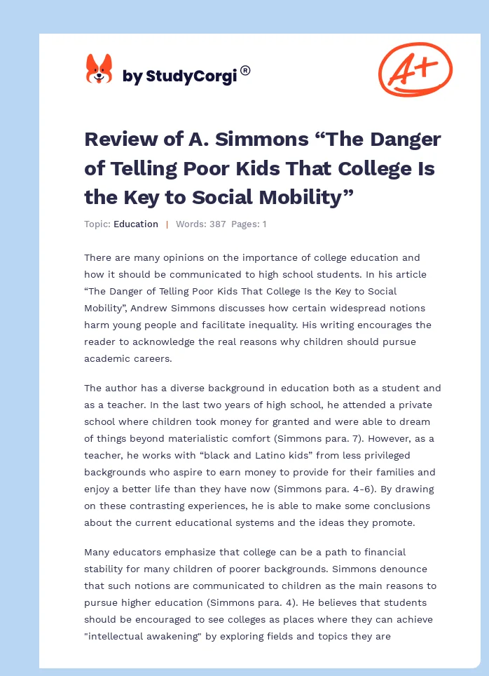 Review of A. Simmons “The Danger of Telling Poor Kids That College Is the Key to Social Mobility”. Page 1