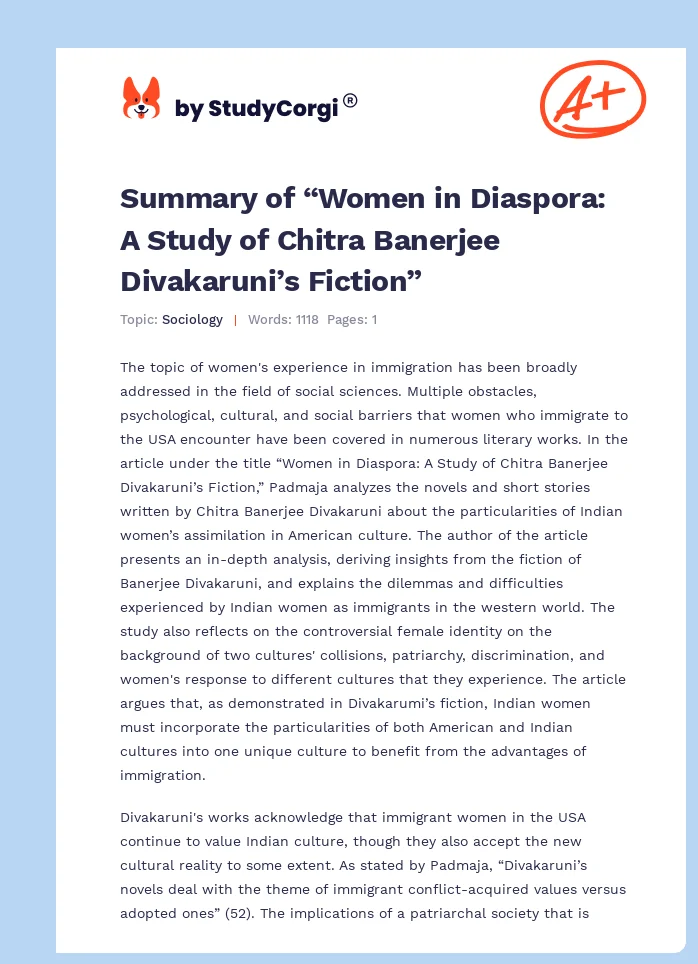 Summary of “Women in Diaspora: A Study of Chitra Banerjee Divakaruni’s Fiction”. Page 1