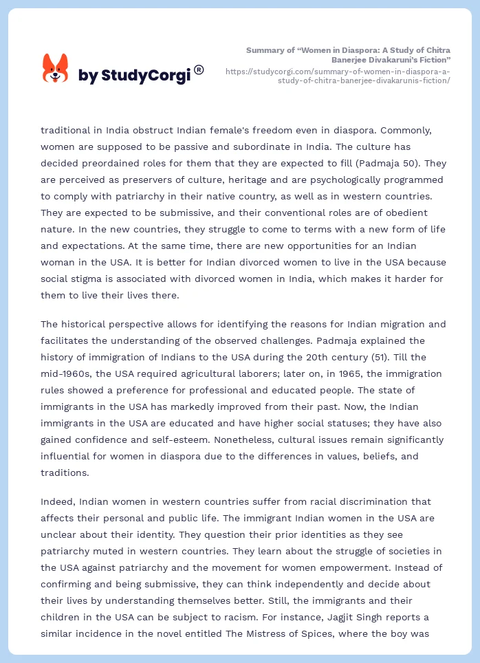 Summary of “Women in Diaspora: A Study of Chitra Banerjee Divakaruni’s Fiction”. Page 2