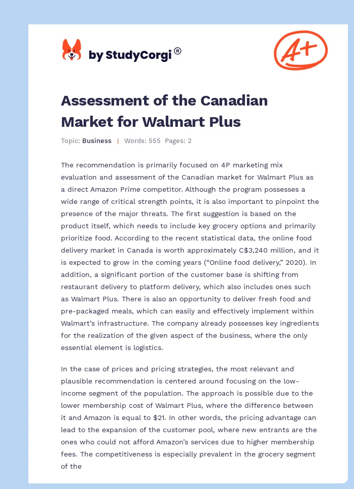 Assessment of the Canadian Market for Walmart Plus. Page 1