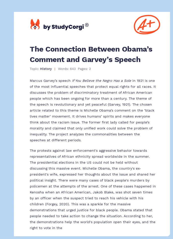 The Connection Between Obama’s Comment and Garvey’s Speech. Page 1