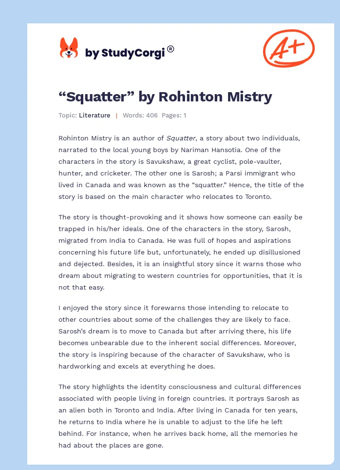 “Squatter” by Rohinton Mistry. Page 1