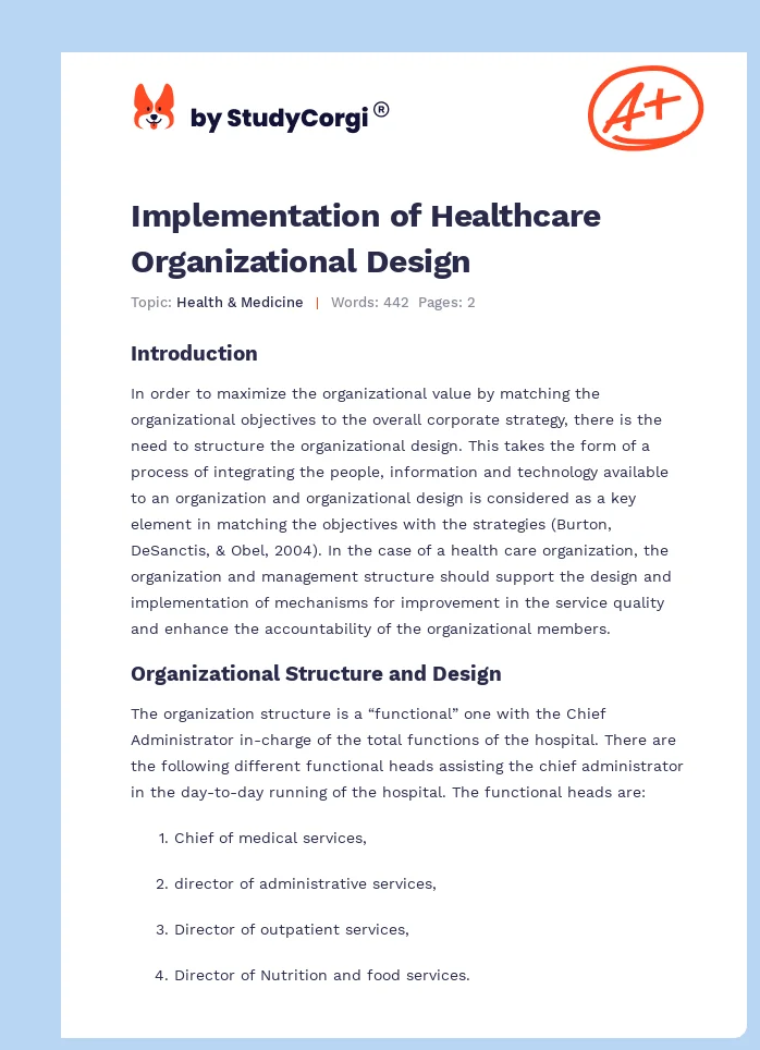 Implementation of Healthcare Organizational Design. Page 1