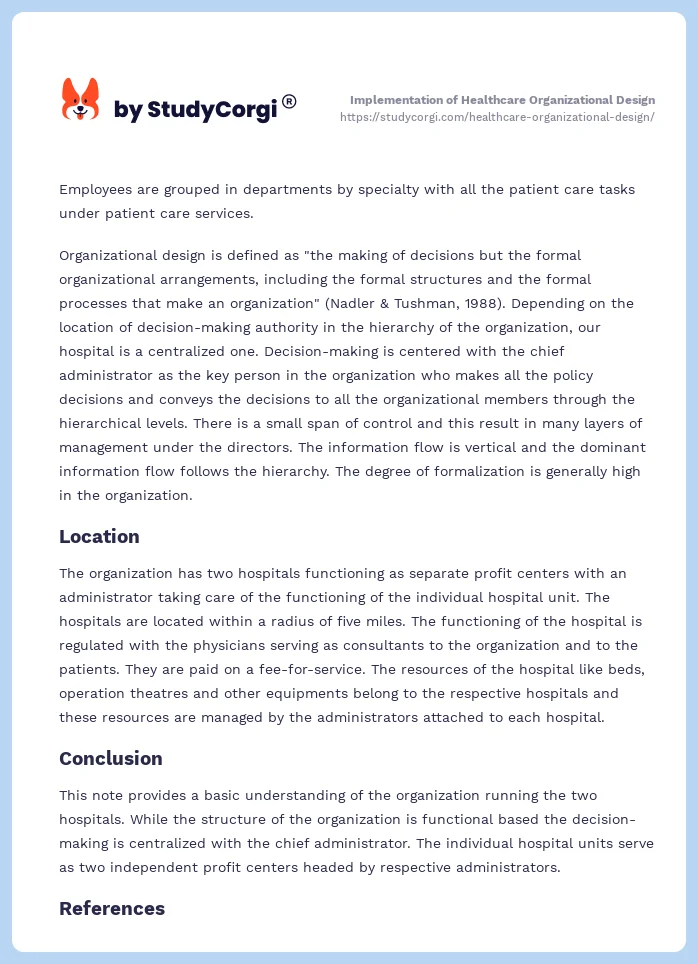 Implementation of Healthcare Organizational Design. Page 2