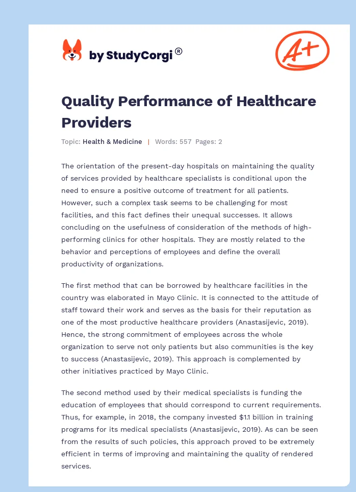 Quality Performance of Healthcare Providers. Page 1