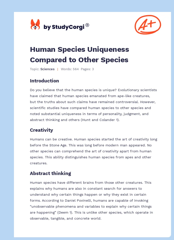 Human Species Uniqueness Compared to Other Species. Page 1