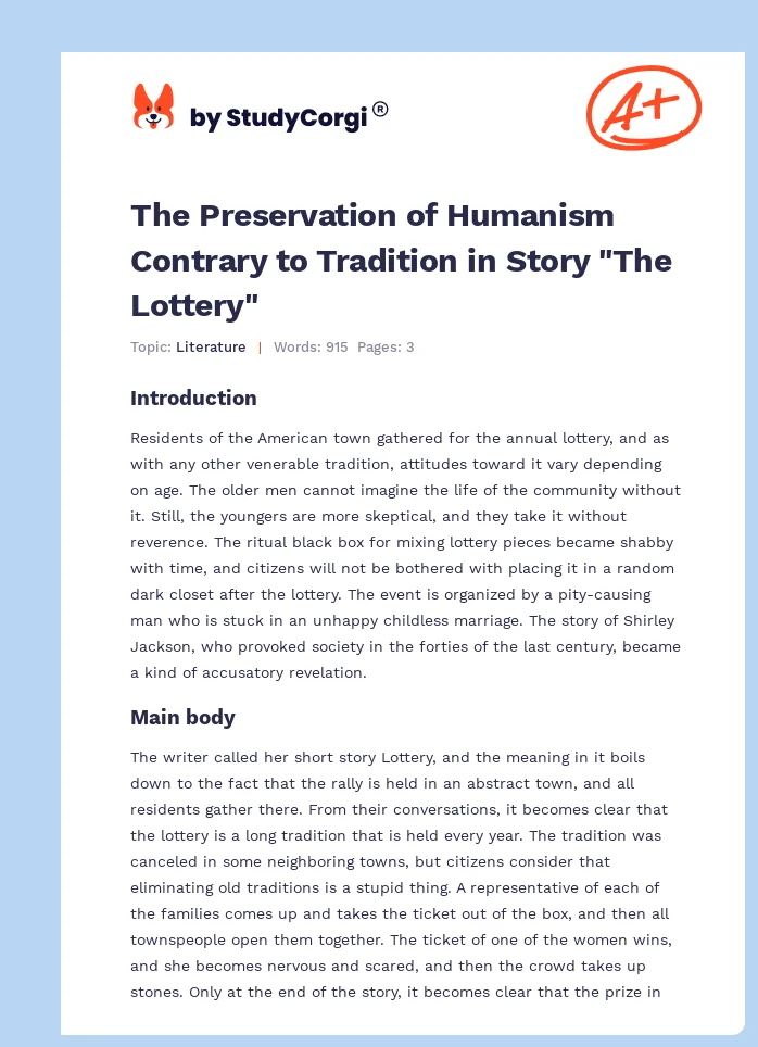 The Preservation of Humanism Contrary to Tradition in Story "The Lottery". Page 1