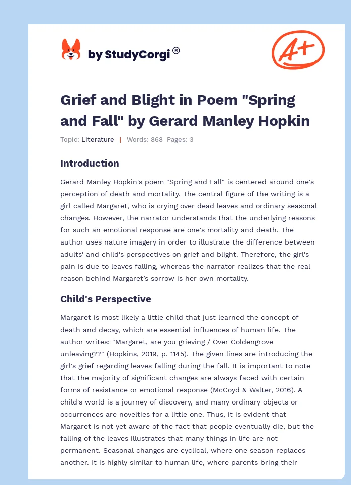 Grief and Blight in Poem "Spring and Fall" by Gerard Manley Hopkin. Page 1
