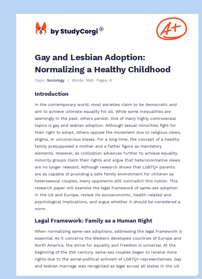 Gay and Lesbian Adoption: Normalizing a Healthy Childhood. Page 1