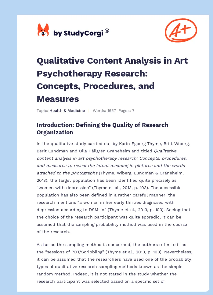 Qualitative Content Analysis in Art Psychotherapy Research: Concepts, Procedures, and Measures. Page 1