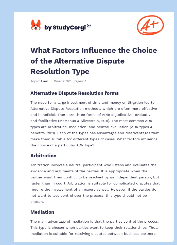 What Factors Influence the Choice of the Alternative Dispute Resolution Type. Page 1