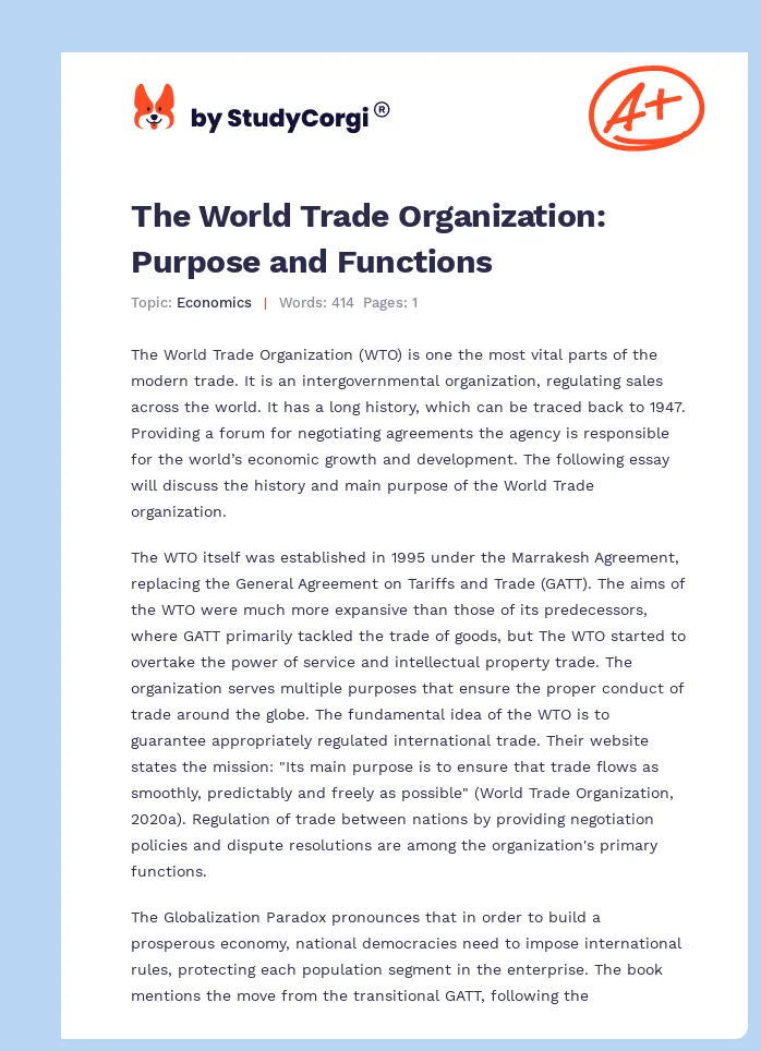 The World Trade Organization: Purpose and Functions. Page 1