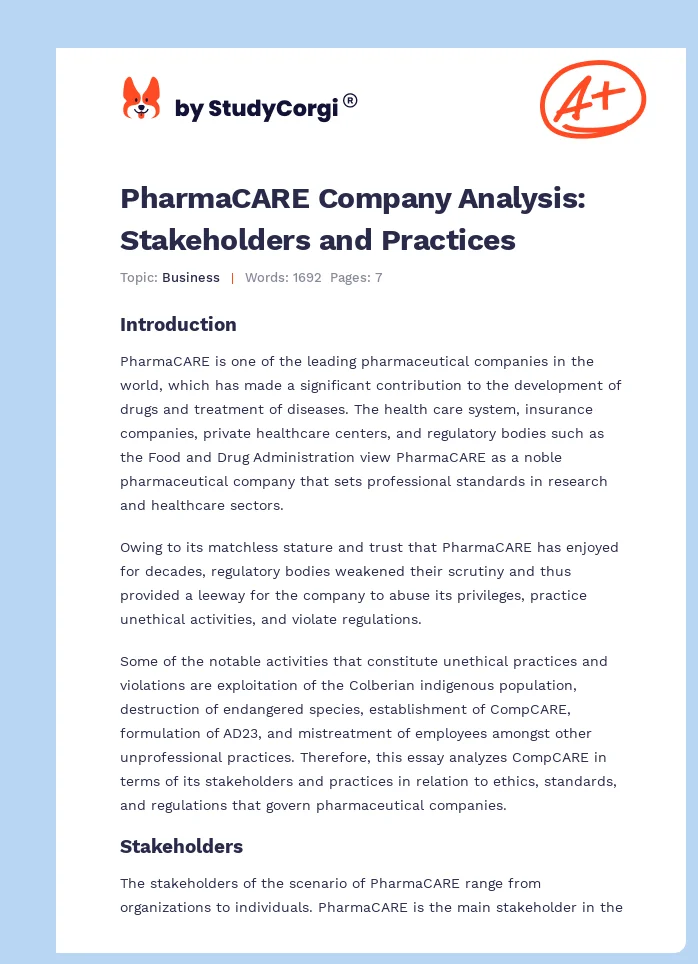 PharmaCARE Company Analysis: Stakeholders and Practices. Page 1