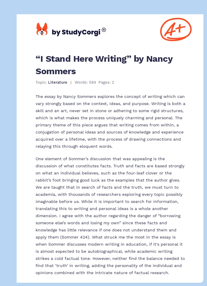 “I Stand Here Writing” by Nancy Sommers. Page 1