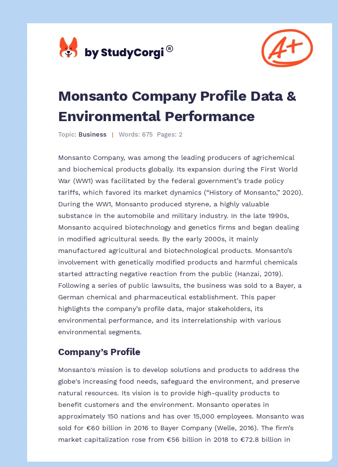 Monsanto Company Profile Data & Environmental Performance. Page 1