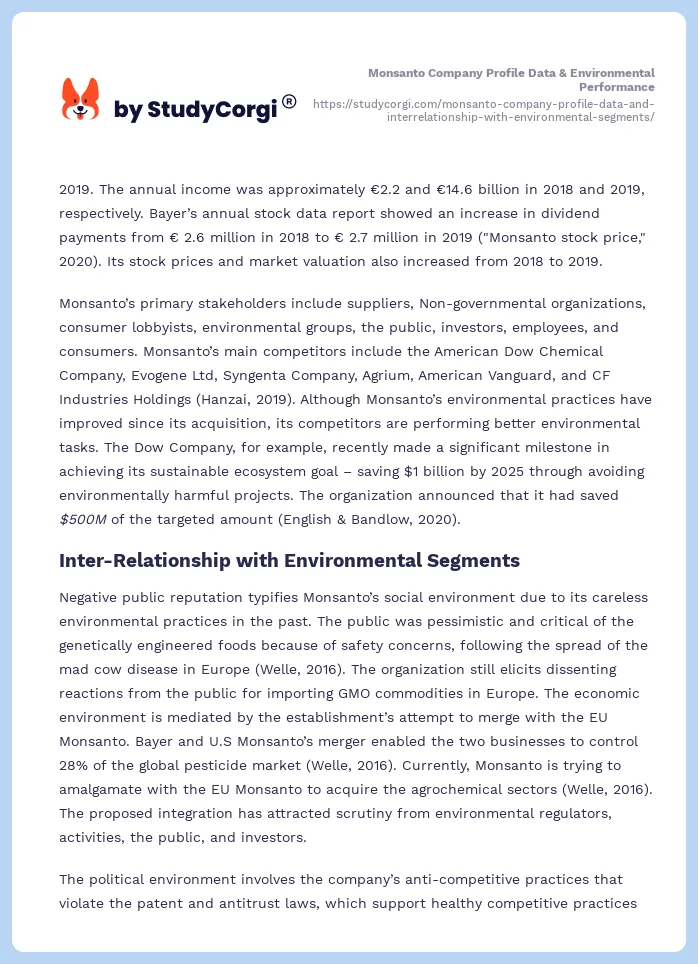 Monsanto Company Profile Data & Environmental Performance. Page 2