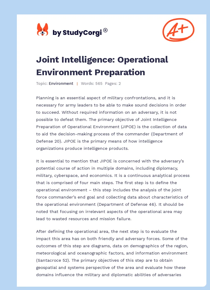 Joint Intelligence: Operational Environment Preparation. Page 1