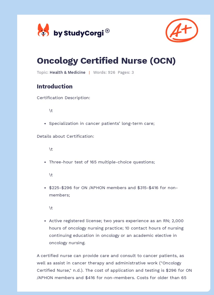 Oncology Certified Nurse (OCN). Page 1
