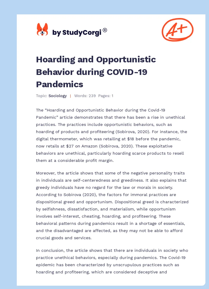 Hoarding and Opportunistic Behavior during COVID-19 Pandemics. Page 1
