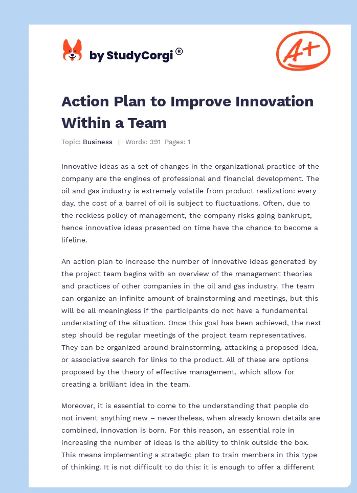 Action Plan to Improve Innovation Within a Team. Page 1