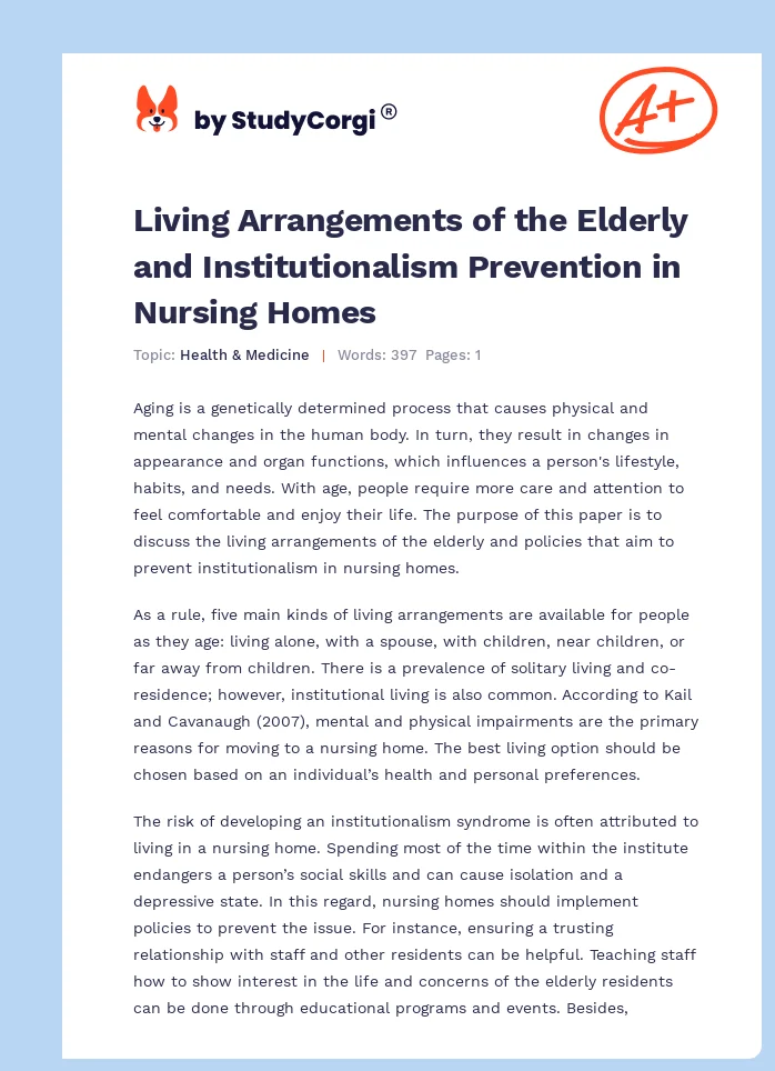 Living Arrangements of the Elderly and Institutionalism Prevention in Nursing Homes. Page 1