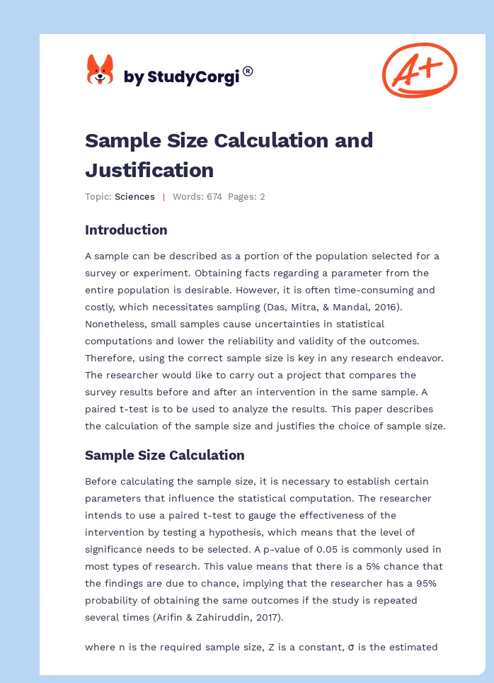 Sample Size Calculation and Justification. Page 1