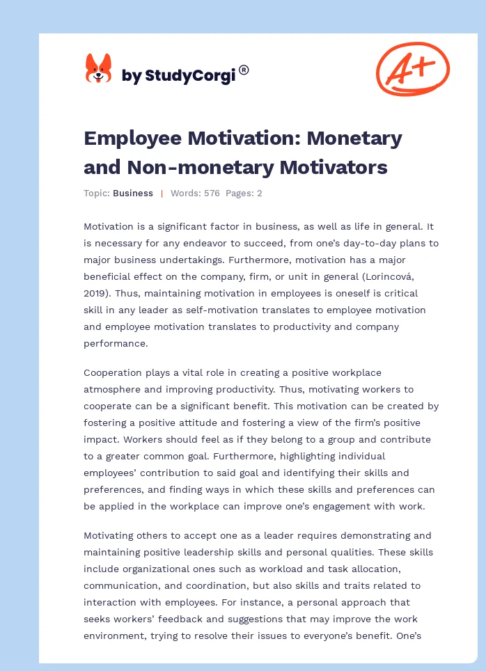 Employee Motivation: Monetary and Non-monetary Motivators. Page 1