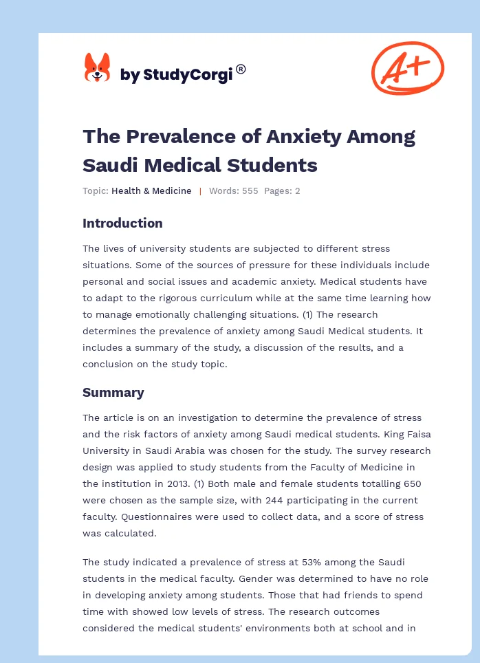 The Prevalence of Anxiety Among Saudi Medical Students. Page 1