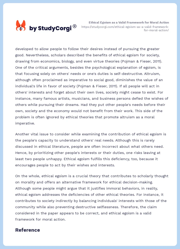 Ethical Egoism as a Valid Framework for Moral Action. Page 2