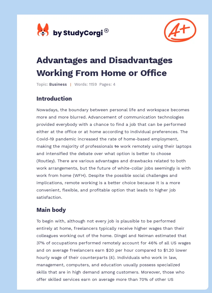 Advantages and Disadvantages Working From Home or Office. Page 1