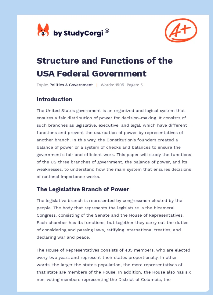 Structure and Functions of the USA Federal Government. Page 1