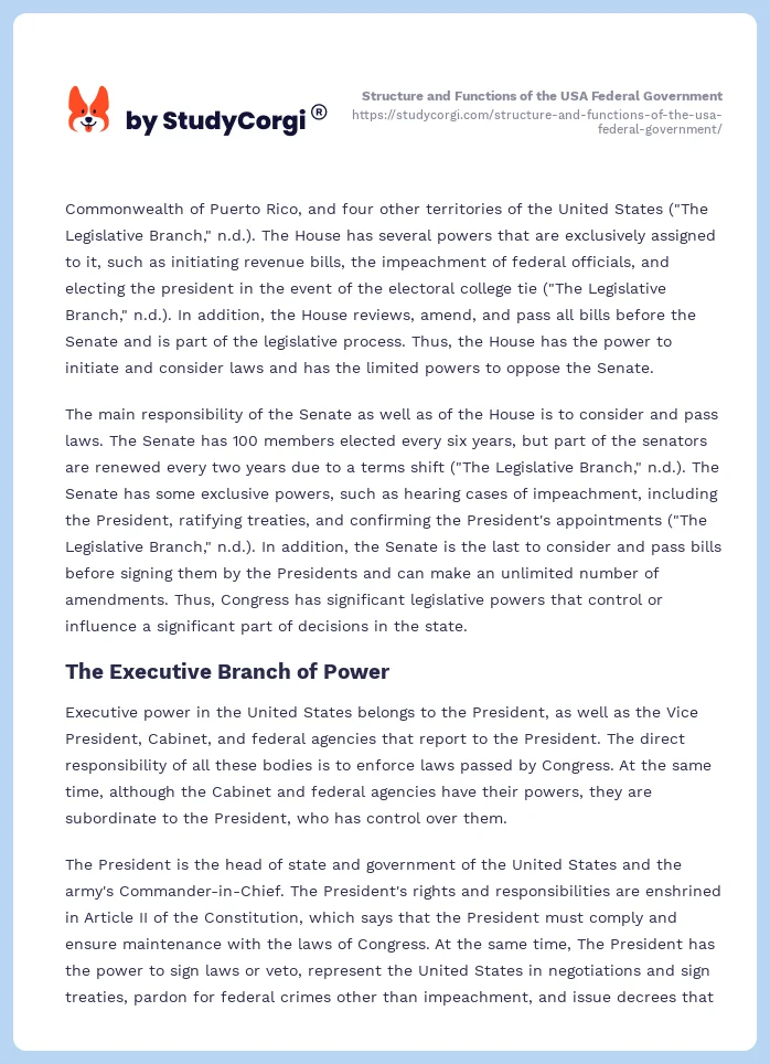 Structure and Functions of the USA Federal Government. Page 2