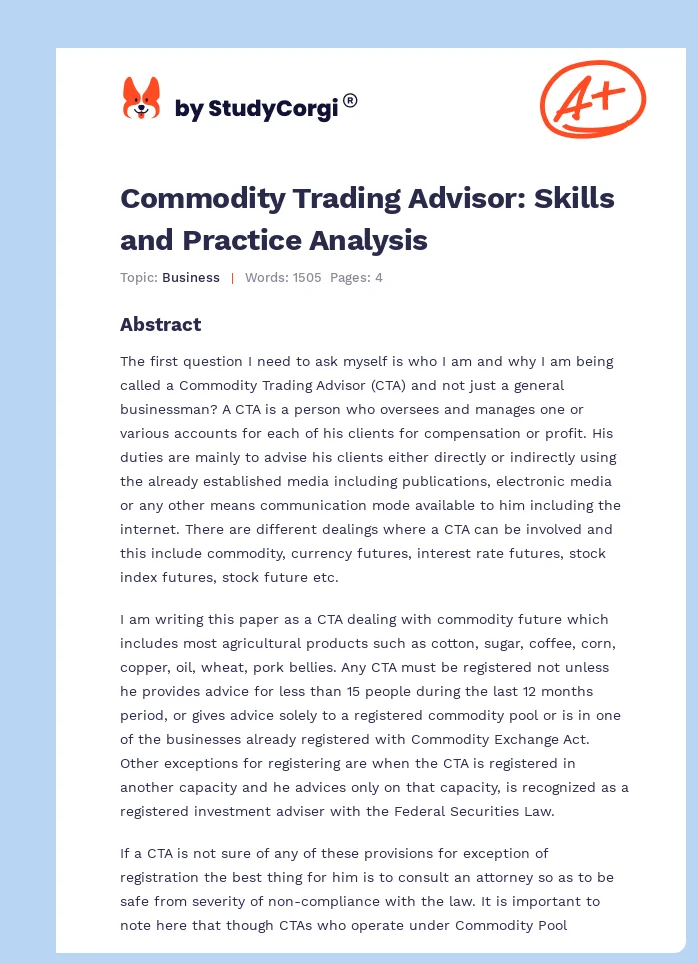 Commodity Trading Advisor: Skills and Practice Analysis. Page 1