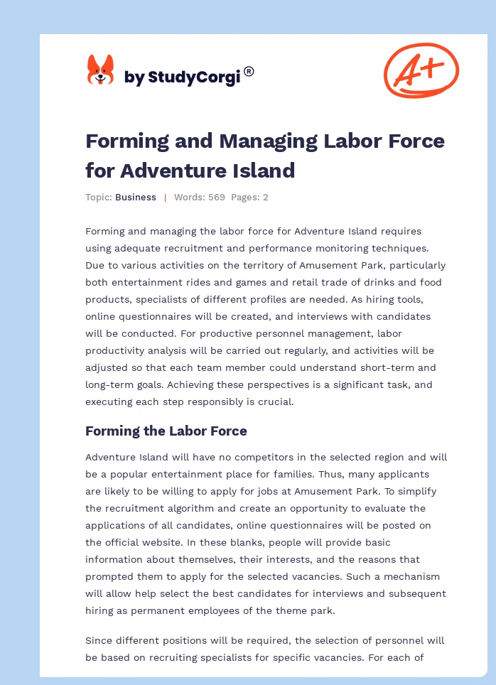 Forming and Managing Labor Force for Adventure Island. Page 1