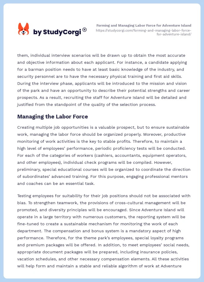 Forming and Managing Labor Force for Adventure Island. Page 2
