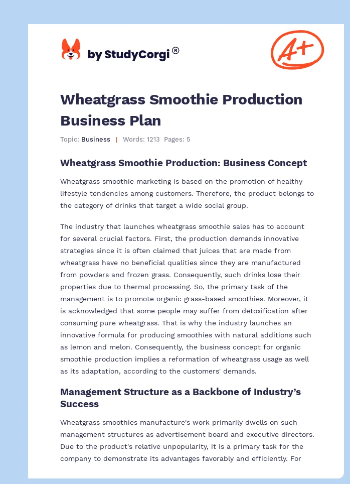 Wheatgrass Smoothie Production Business Plan. Page 1