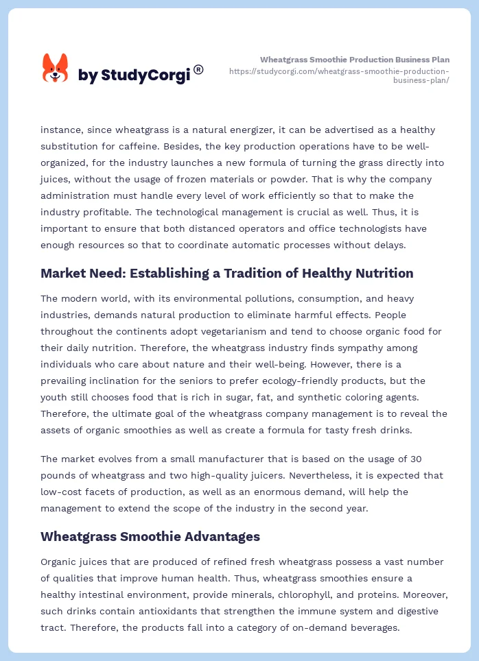 Wheatgrass Smoothie Production Business Plan. Page 2