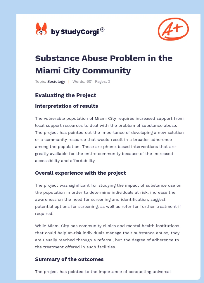Substance Abuse Problem in the Miami City Community. Page 1