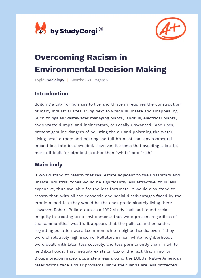 Overcoming Racism in Environmental Decision Making. Page 1
