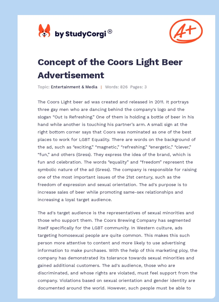 Concept of the Coors Light Beer Advertisement. Page 1