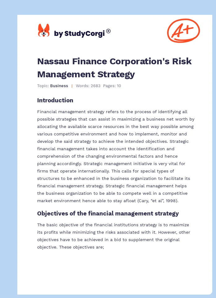 Nassau Finance Corporation's Risk Management Strategy. Page 1
