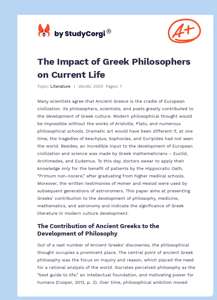 The Impact of Greek Philosophers on Current Life. Page 1