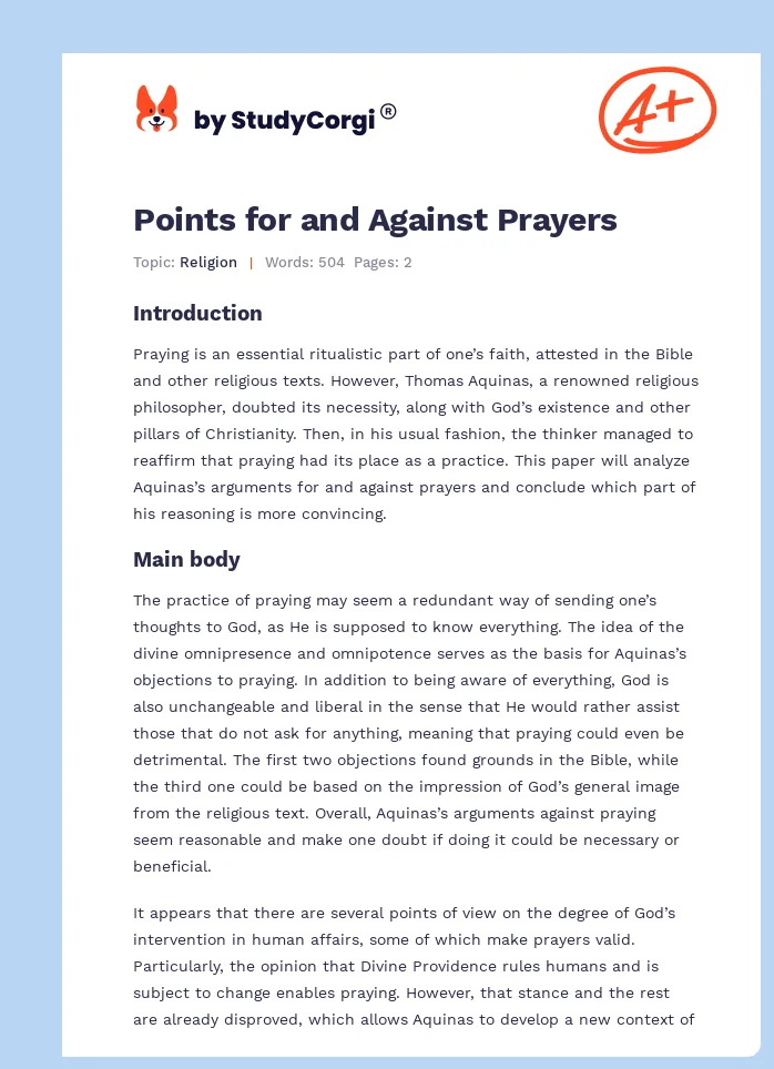 Points for and Against Prayers. Page 1