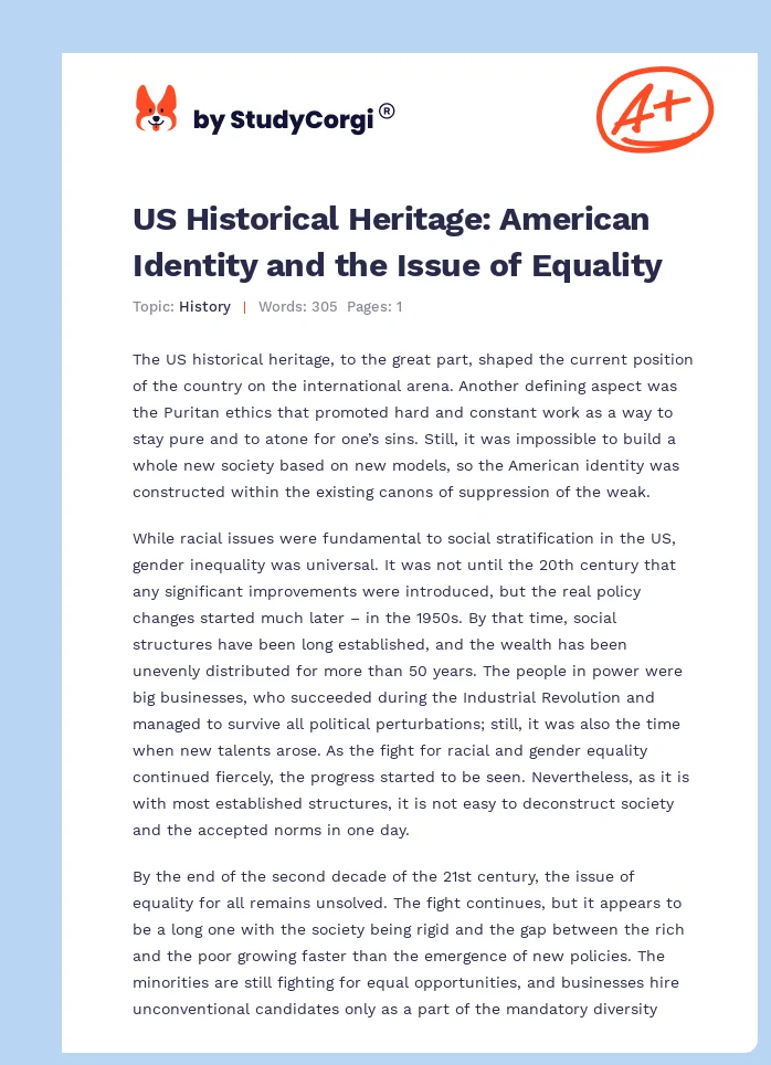 US Historical Heritage: American Identity and the Issue of Equality. Page 1