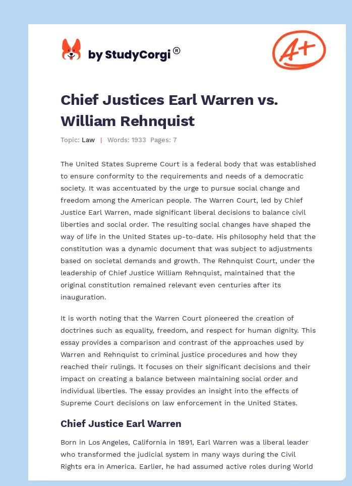 Chief Justices Earl Warren vs. William Rehnquist. Page 1