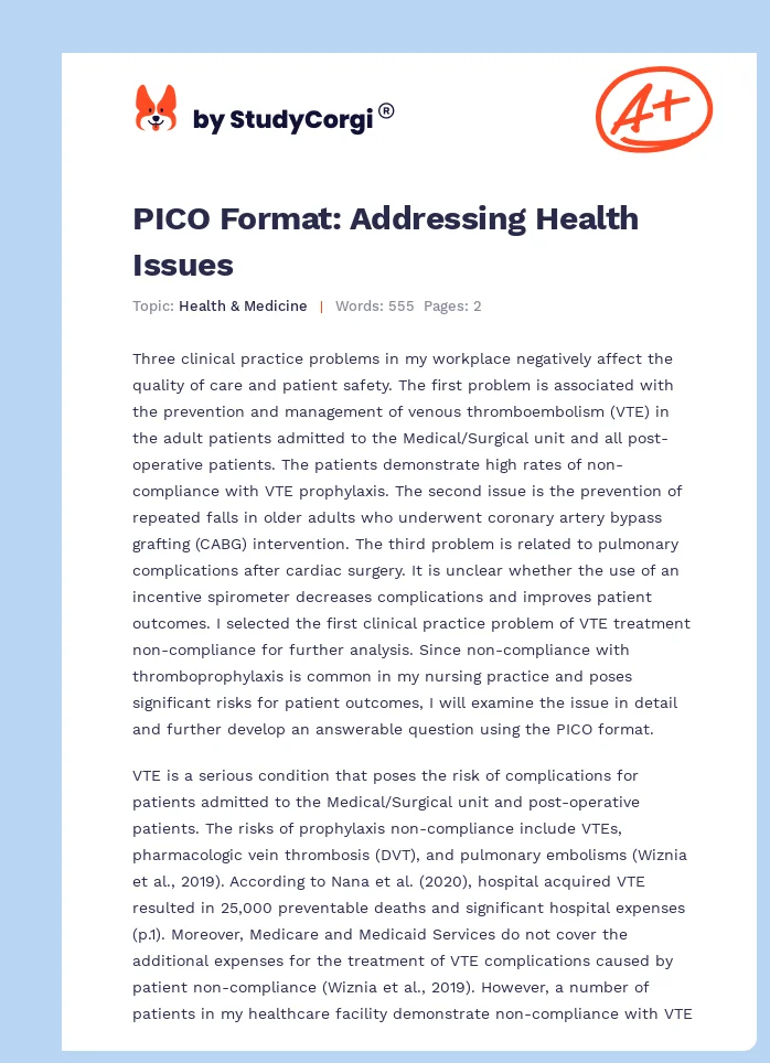 PICO Format: Addressing Health Issues. Page 1