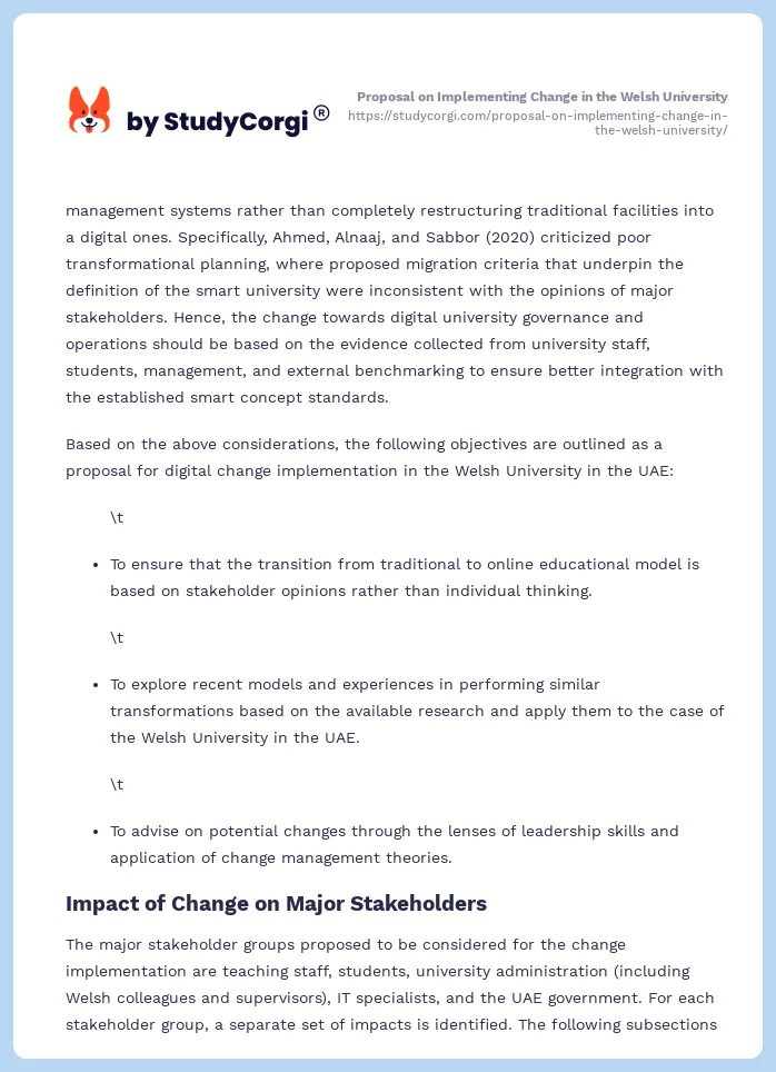 Proposal on Implementing Change in the Welsh University. Page 2