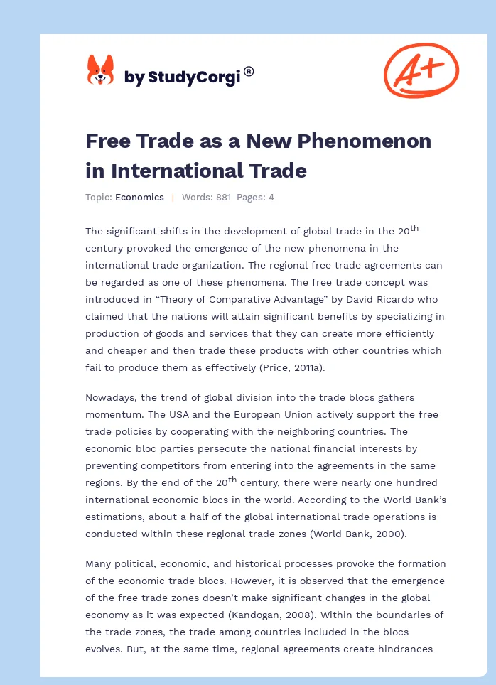 Free Trade as a New Phenomenon in International Trade. Page 1