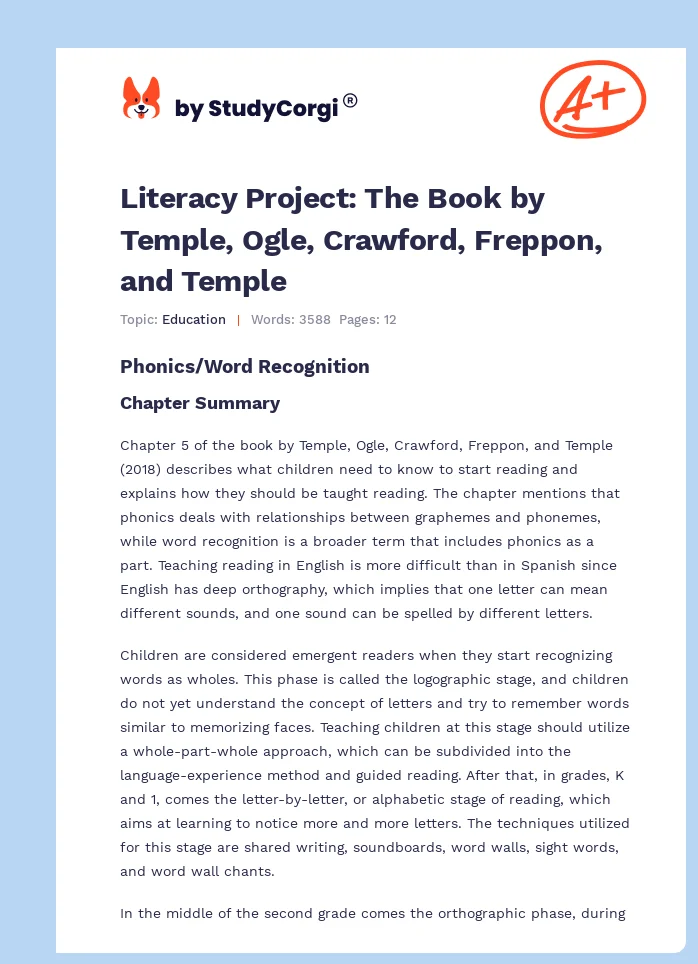 Literacy Project: The Book by Temple, Ogle, Crawford, Freppon, and Temple. Page 1