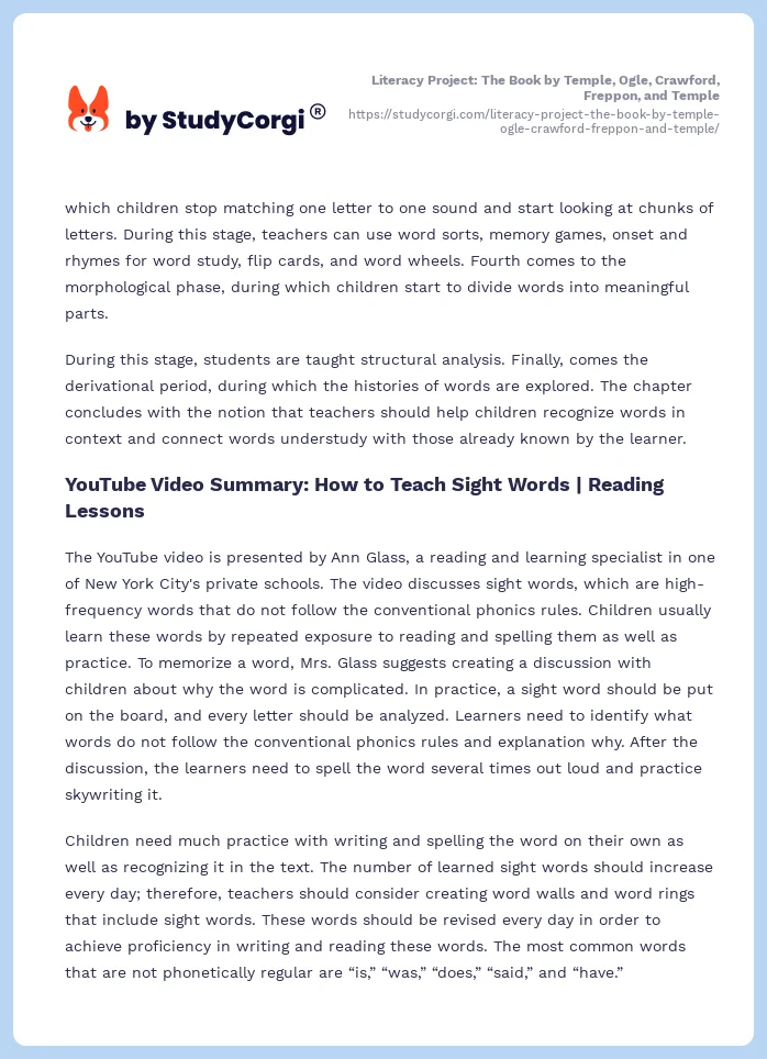 Literacy Project: The Book by Temple, Ogle, Crawford, Freppon, and Temple. Page 2